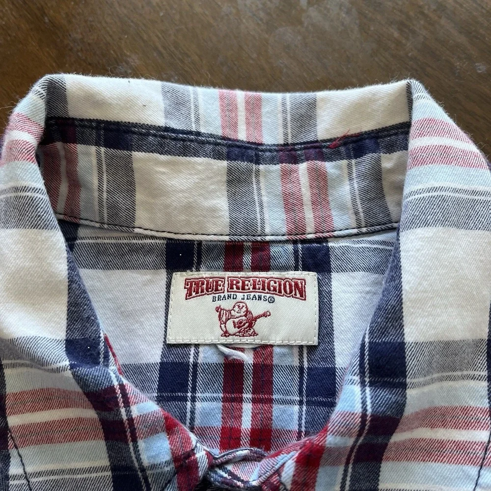 True Religion Plaid Shirt Men's L Western Button Short Sleeve Embroidered